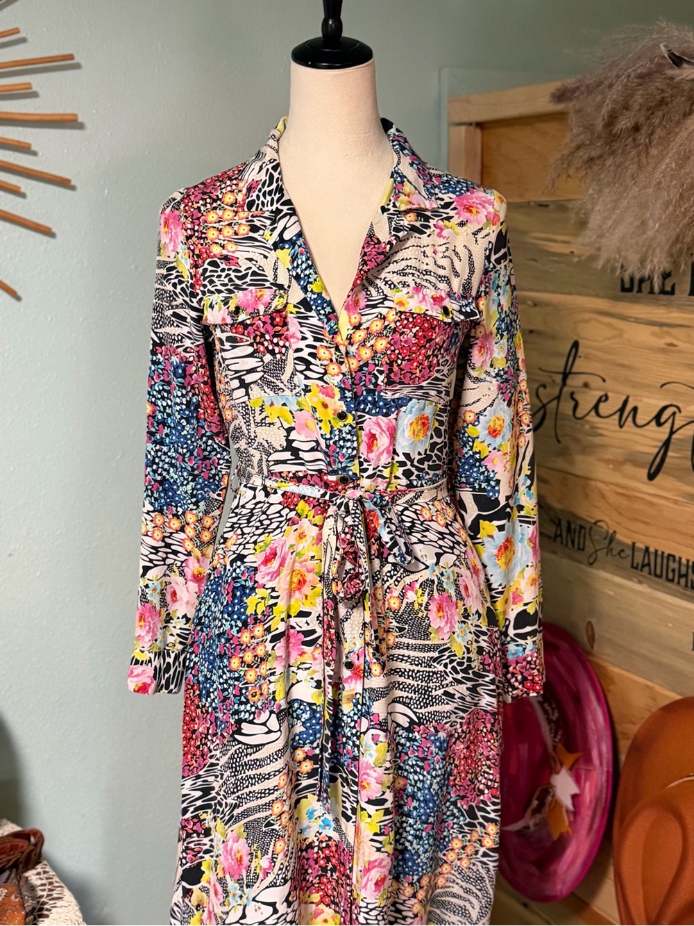 Yumi Kim Floral Multi-Color Long Sleeve Maxi Dress with Self Tie - Picture 2 of 12